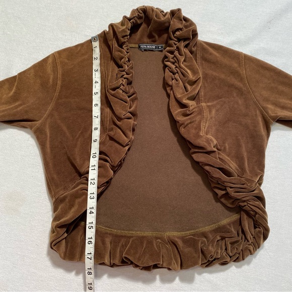 Pena House Long Sleeve Brown Velvet Ruffled Shrug Cropped Open Cardigan, Size M - Picture 7 of 8